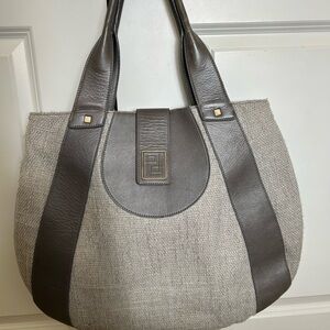 Gray Tweed Tote with Leather Trim